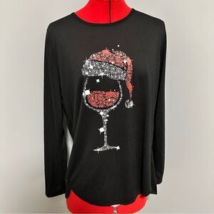 Lilicloth black T-shirt with Christmas wine glass. Size medium